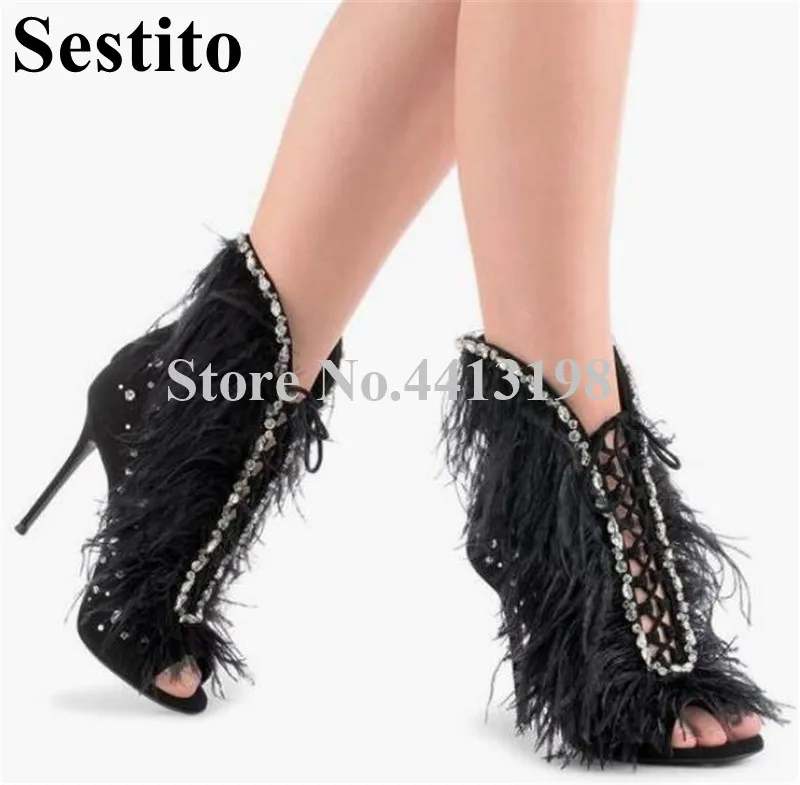 2019 Sexy Peep Toe Cross-tied Ankle Boots Spring/Autumn Super HighThin Heels Back Zipper Diamond feather decoration Women Shoes
2019 Sexy Peep Toe Cross-tied Ankle Boots Spring/Autumn Super HighThin Heels Back Zipper Diamond feather decoration Women Shoes