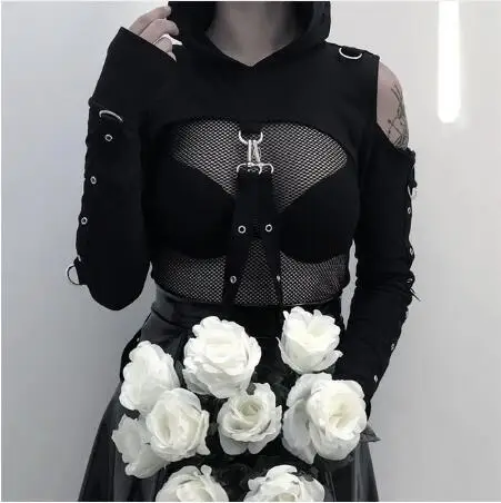 Women Gothic Belt Bustiers Crop Tops Long Sleeve T shirt Black Bandage Hooded T-shirt New Fashion Female Hollow Out Short tshirt
Women Gothic Belt Bustiers Crop Tops Long Sleeve T shirt Black Bandage Hooded T-shirt New Fashion Female Hollow Out Short tshirt