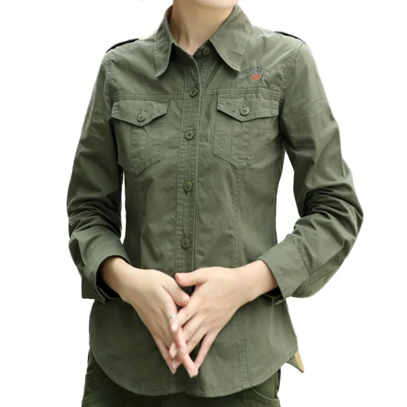 2019 Style Women Army Green Shirt With Epaulets Long Sleeve Turn Down
