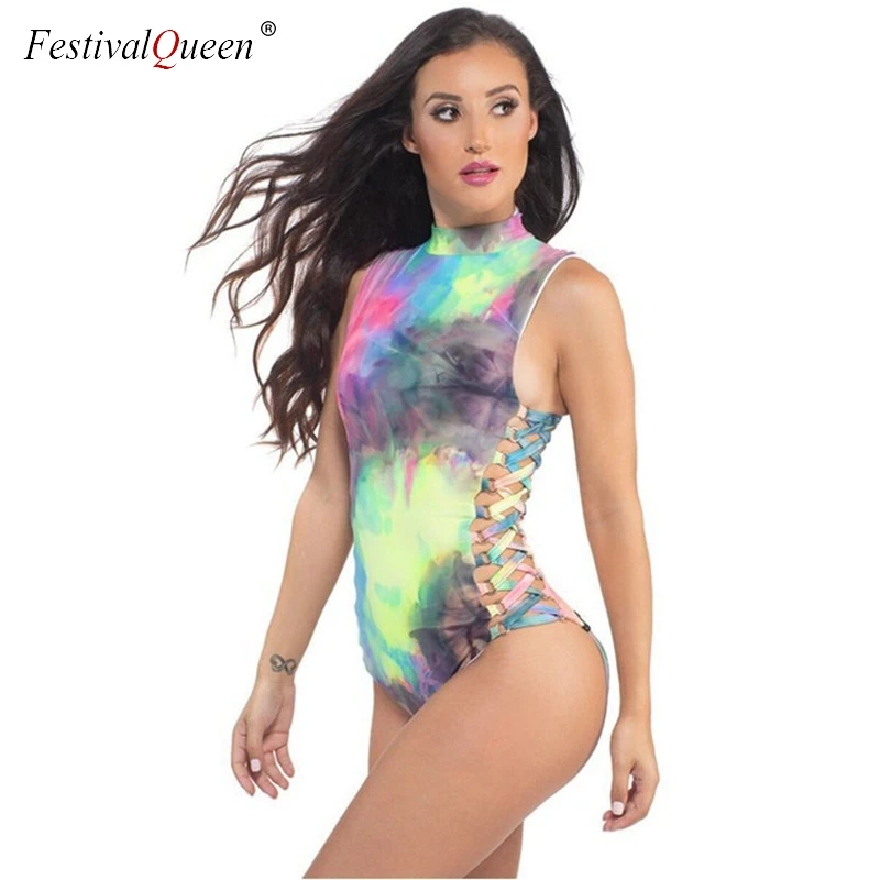 

Colorful Laser Holographic Bodysuit Women Sexy Rave Festival Playsuits Party Club Bandage Jumpsuits Summer Beach Bathing Suit