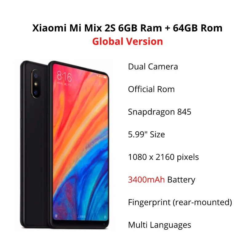 Глобальная версия Xiaomi Mi Mix 2S 6 ГБ + 64 [Snapdragon 845] в подарок защита для экрана (новая и