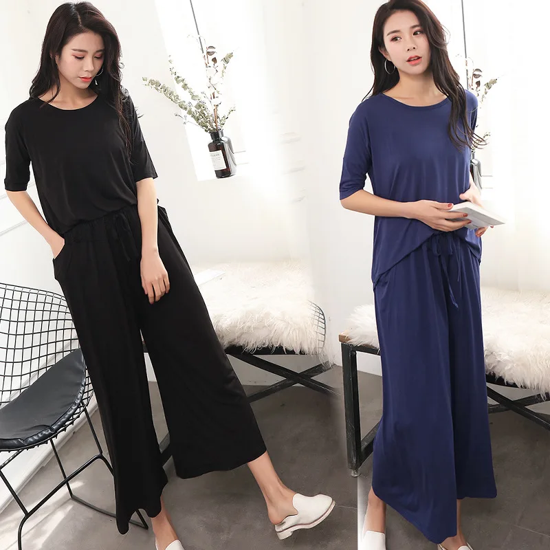 Summer Women Black Pajama Set Two-piece Set Women Loose Sleepwear Wide Leg Pant Suits Cotton Short Sleeve Homewear Large Size
Summer Women Black Pajama Set Two-piece Set Women Loose Sleepwear Wide Leg Pant Suits Cotton Short Sleeve Homewear Large Size