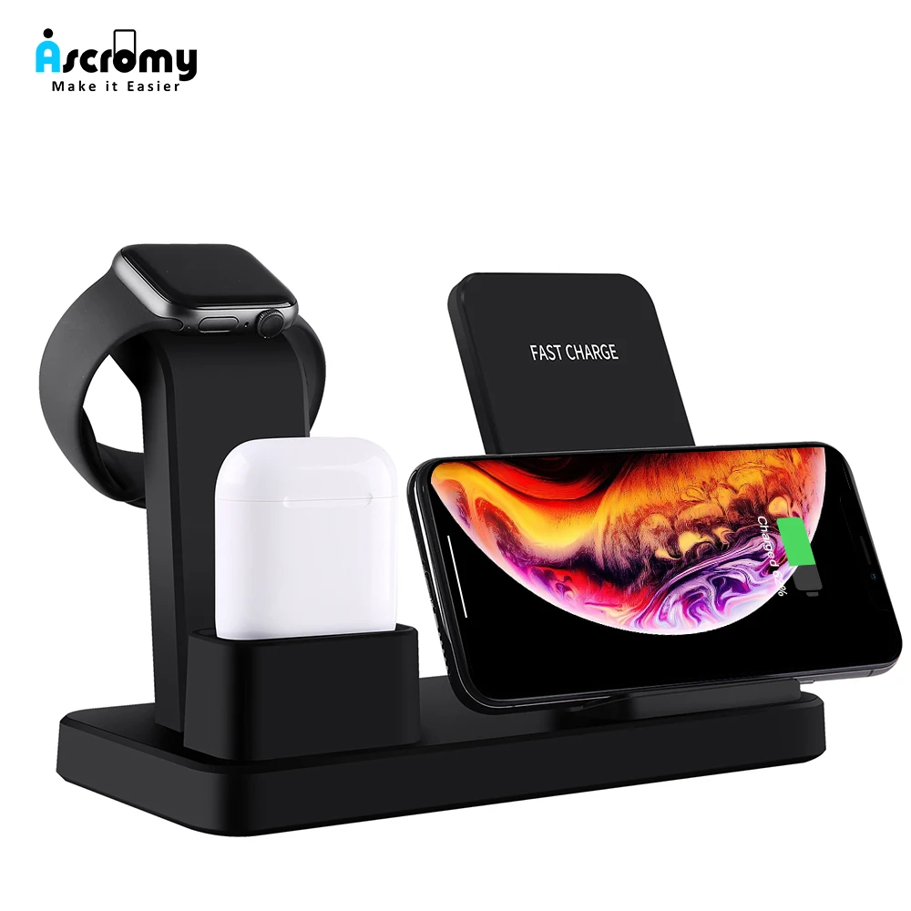 

Ascromy Wireless Qi Phone Holder Stand Charger 10W For Apple Watch Series 4 3 2 Iphone XS MAX XR 8 Plus X Iwatch AirPods Station