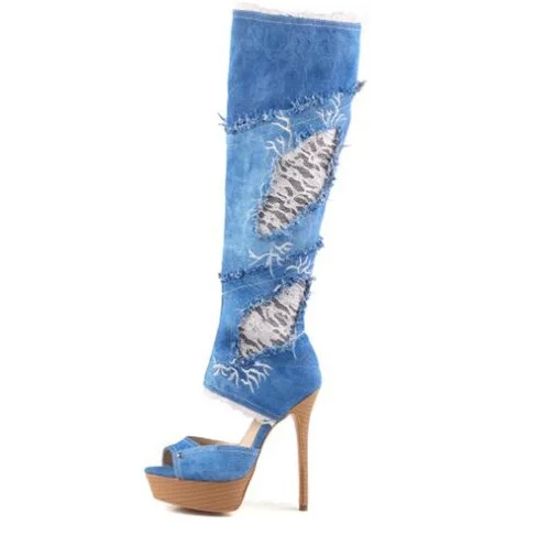 

Denim Blue Platform Knee High Boot 2019 Peep Toe Lace Flower Embroider Jean Boots Thin Heel Gladiator Sandal Boot For Woman