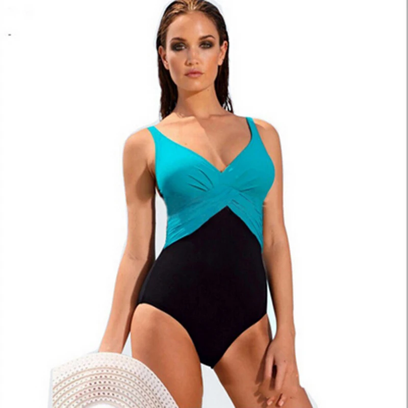 

One Pieces Bikinis Swimsuit Patchwork Beach Bath Wear Swimwear Clothing For Women Fold Swimming Clothes Plus Size trajes de ba o