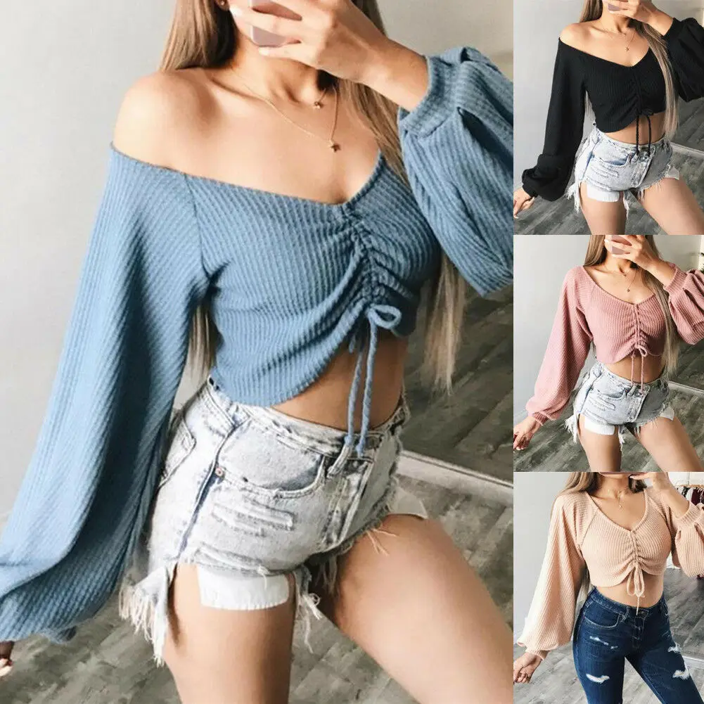 2019 Women Off Shoulder Crop Tops Loose Long Sleeve T-Shirt Drawstring V Neck Tops Lantern Sleeve Bow Knot Knit T-shirts 4Color
2019 Women Off Shoulder Crop Tops Loose Long Sleeve T-Shirt Drawstring V Neck Tops Lantern Sleeve Bow Knot Knit T-shirts 4Color