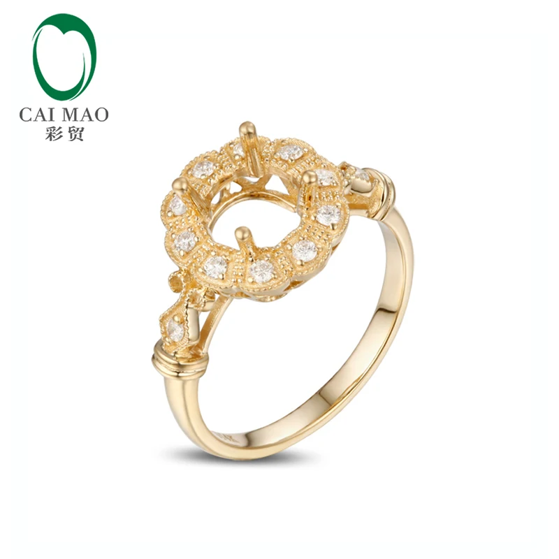 

Caimao Vinage 6.5mm Round Milgrain Natural Pave Set 0.19ct Diamond Engagement Semi Mount Ring 14K Gold