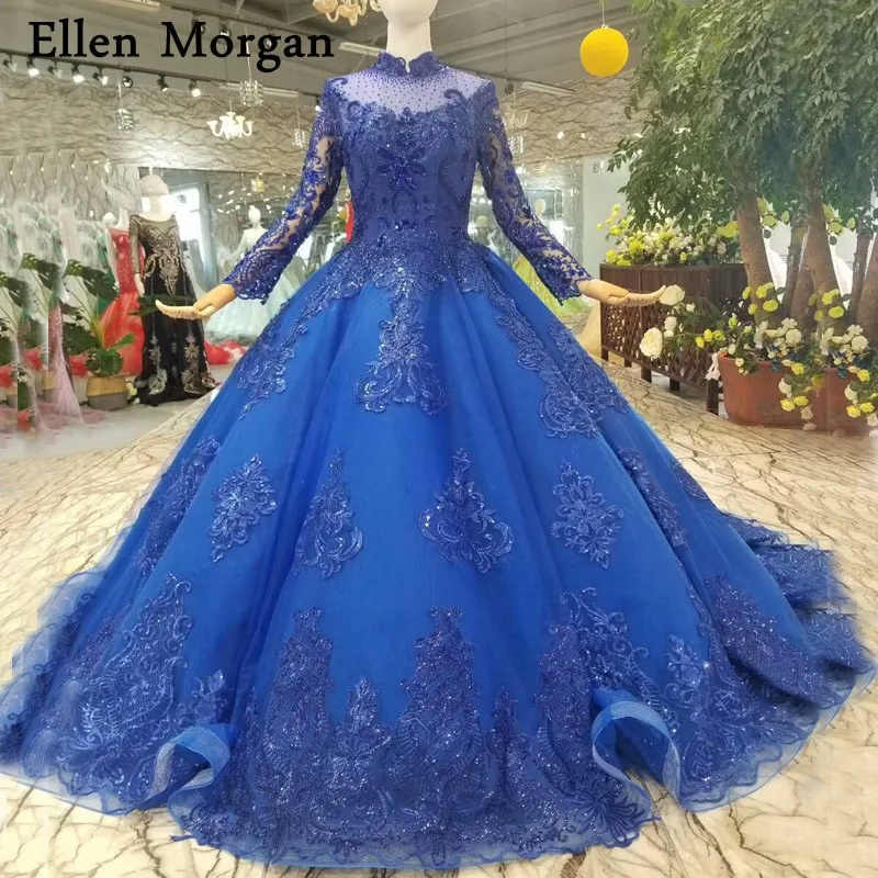Colorful Royal Blue Lace Ball Gowns Wedding Dresses Puffy High Neck Long Sleeves Corset Train Beaded Appliques Bridal Gowns 2019
Colorful Royal Blue Lace Ball Gowns Wedding Dresses Puffy High Neck Long Sleeves Corset Train Beaded Appliques Bridal Gowns 2019