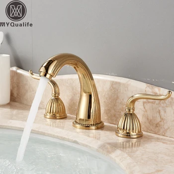Widespread 3 Holes Golden Basin Faucet Dual Handle Deck Mounted Bathroom Vessel Sink Tap Hot Cold Water Basin Mixer Tap
Widespread 3 Holes Golden Basin Faucet Dual Handle Deck Mounted Bathroom Vessel Sink Tap Hot Cold Water Basin Mixer Tap