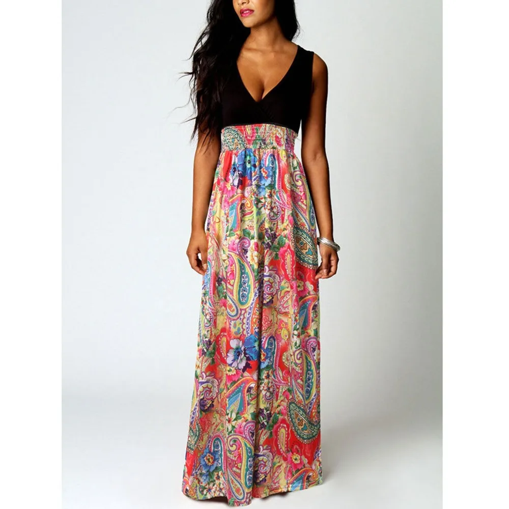 Black Tank Dresses Flower High Elastic Vintage Elegant Long Summer Lady Loose Sexy Deep V Empire Dress Plus Size Gift For Women | Женская