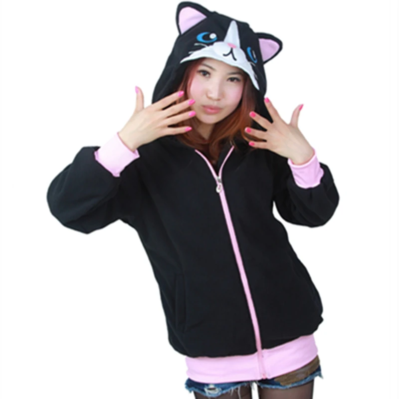 Cartoon Black Cat Sweatshirts Long sleeve with zipper hat Cosplay Costume Men Women Hoodies Animal | Женская одежда