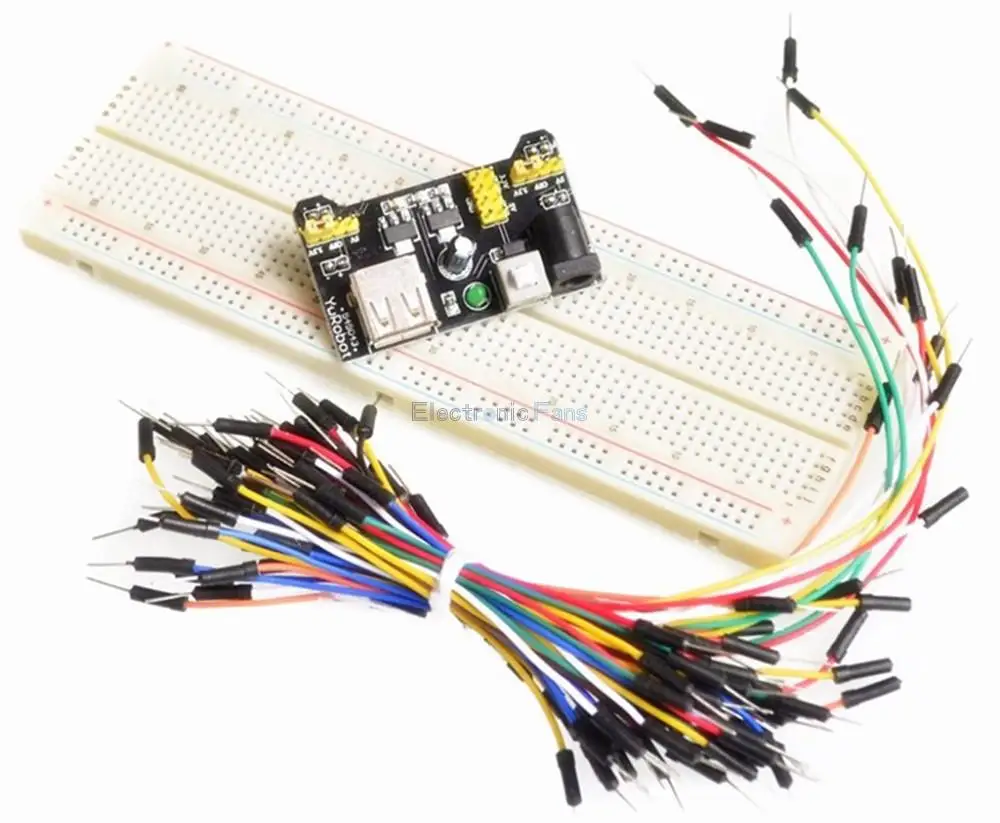 3.3V/5V MB102 Breadboard power module+MB-102 830 points Solderless Prototype Bread board kit +65 Flexible jumper wires
3.3V/5V MB102 Breadboard power module+MB-102 830 points Solderless Prototype Bread board kit +65 Flexible jumper wires
