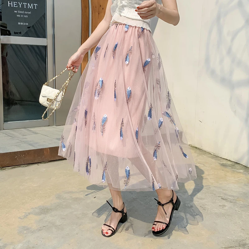 Pink Feather Embrodery Summer Mesh Women Plus Size Tulle Skirt Long Midi Skirts Elastic Waist Korean Tutu Skirt Chic A-Line
Pink Feather Embrodery Summer Mesh Women Plus Size Tulle Skirt Long Midi Skirts Elastic Waist Korean Tutu Skirt Chic A-Line