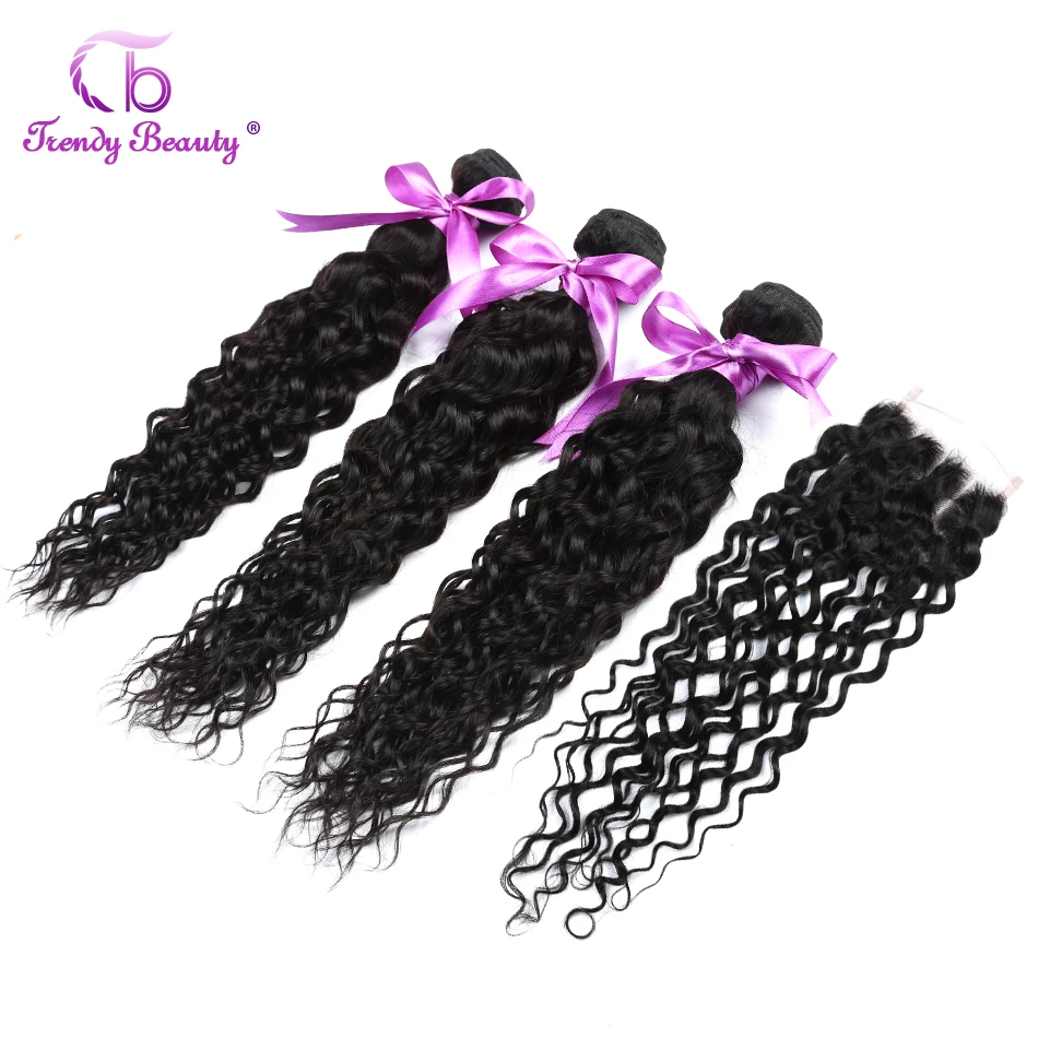 

Indian Water Wave 3 Bundles with Closure 100% Human Hair Weaving Extension Non Remy Natural Black Color Thick Weft Trendy Beauty