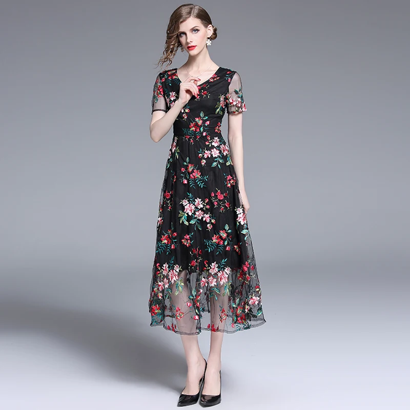HAMALIEL High Quality Runway Mesh Long Women Dress Summer Flowers Embroidery Black Tulle Dress Elegant Sexy V Neck Maxi Dress
HAMALIEL High Quality Runway Mesh Long Women Dress Summer Flowers Embroidery Black Tulle Dress Elegant Sexy V Neck Maxi Dress