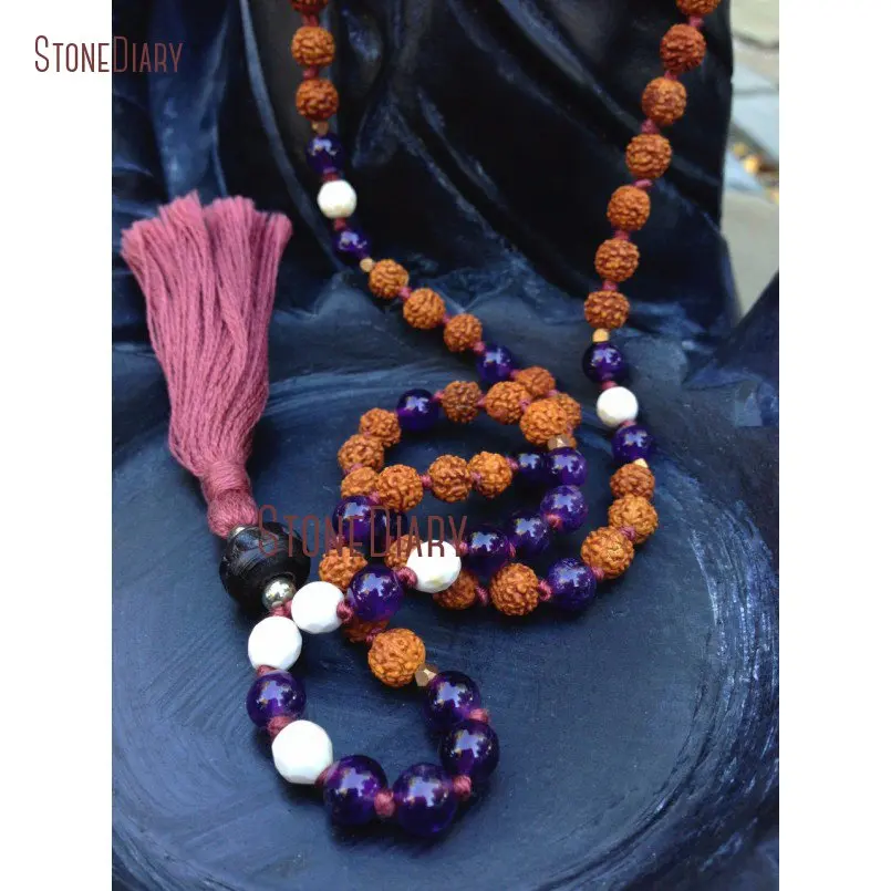20180312-NM10944-Hand knotted Rudraksha, Amethyst & Howlite 108 Bead Mala spiritual meditation yoga natural purple creativity February gemstone bohemian