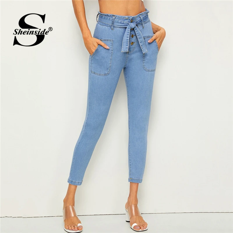 

Sheinside Blue Casual Button Up Detail Skinny Jeans Women 2019 Summer High Waist Belted Jenas Ladies Double Pocket Crop Trousers