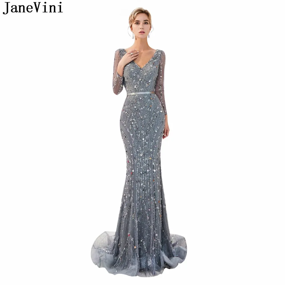 JaneVini Shiny Gray Lace Mother of The Bride Dresses V Neck Long Sleeve Luxury Beaded Sequined Mermaid Muslim Long Evening Gowns
JaneVini Shiny Gray Lace Mother of The Bride Dresses V Neck Long Sleeve Luxury Beaded Sequined Mermaid Muslim Long Evening Gowns