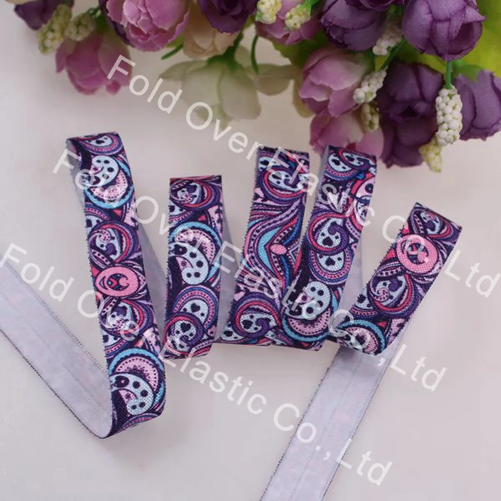 

New Paisley pattern 5/8" heat transfer printed fold over elastic foes ribbon for headwear hair tie elastic, 100yards/lot