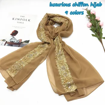 1PCS Hot sale monochrome plain padded pearl chiffon scarf gold belt with sequined shawl Muslim women's hijab scarves 1pcs/lot
1PCS Hot sale monochrome plain padded pearl chiffon scarf gold belt with sequined shawl Muslim women's hijab scarves 1pcs/lot