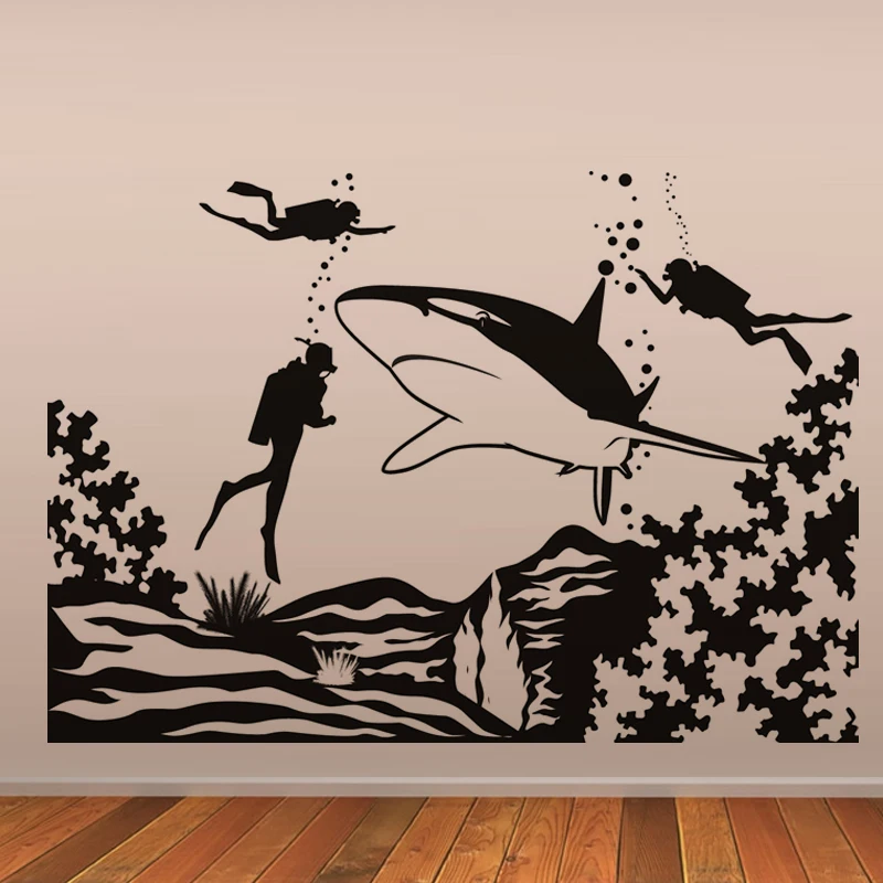 Фото Three Scuba Divers And Shark Wall Stickers Seabed Scenery Decals Home Decor Art Murals Living Room Bedroom Decoration | Дом и сад