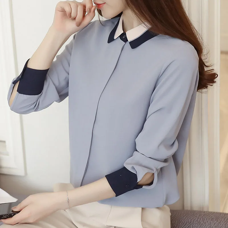 Фото Женская блузка с длинным рукавом повседневная офисная рубашка белого и серого