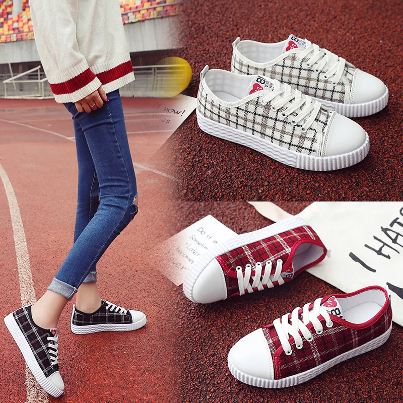 

Plaid canvas shoes female 2019-100 flat-bottomed low-top cloth shoes, flat-bottomed low-heeled shoes, plate shoes