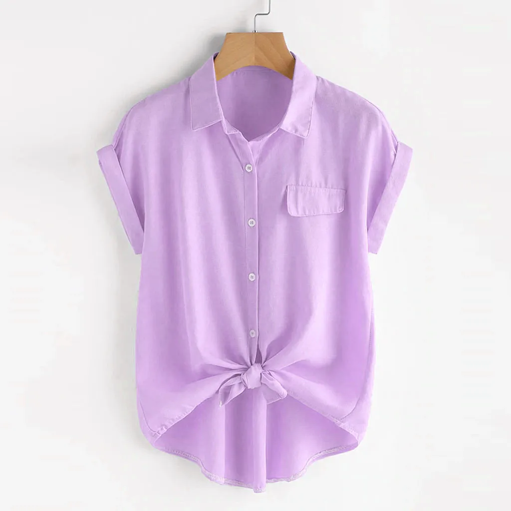 

JAYCOSIN 2019 New Summer Women Blouse Purple Korean Style Rolled Cuff Knotted Turn-down Collar Hem Button Casual Chemise 90581