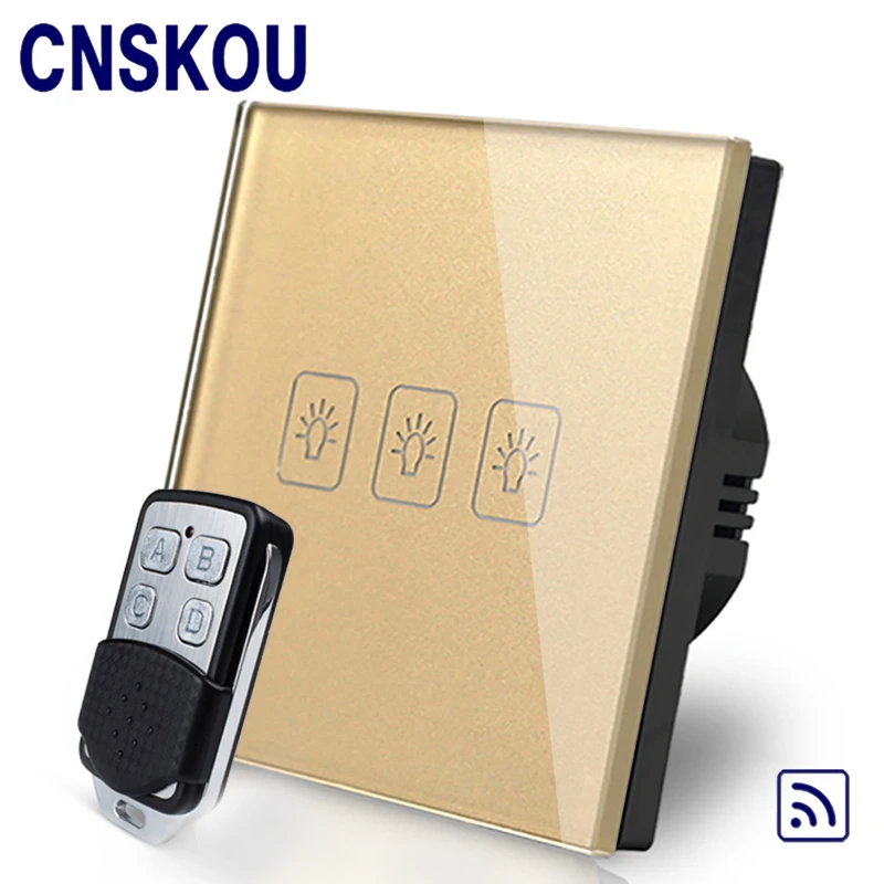 

CNSKOU EU Standard 3 Gang 1 Way AC220~250V Glass Cover Plate Smart Home 433MHZ Remote Control Light Switch With Led Indicator