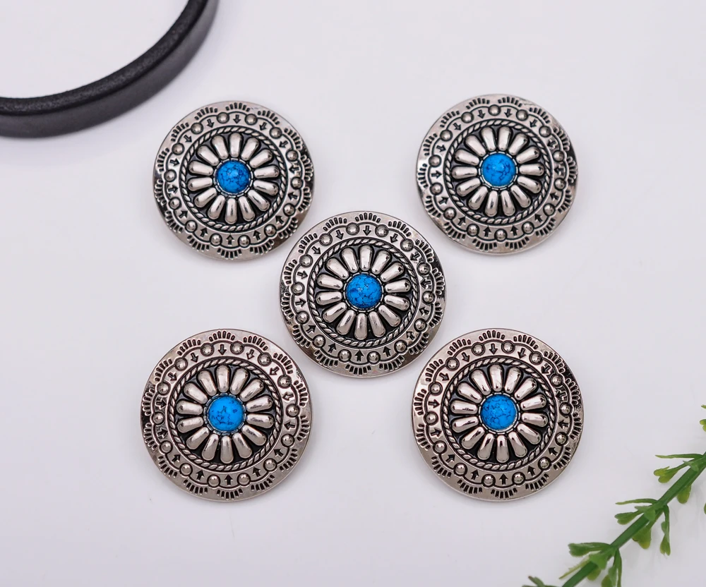 10pcs 30X30mm Bling Silver Tribal BLUE Bead Flower Leathercraft Saddles Sewing Back Shank Conchos for Clothes Coat Dress Decor
10pcs 30X30mm Bling Silver Tribal BLUE Bead Flower Leathercraft Saddles Sewing Back Shank Conchos for Clothes Coat Dress Decor