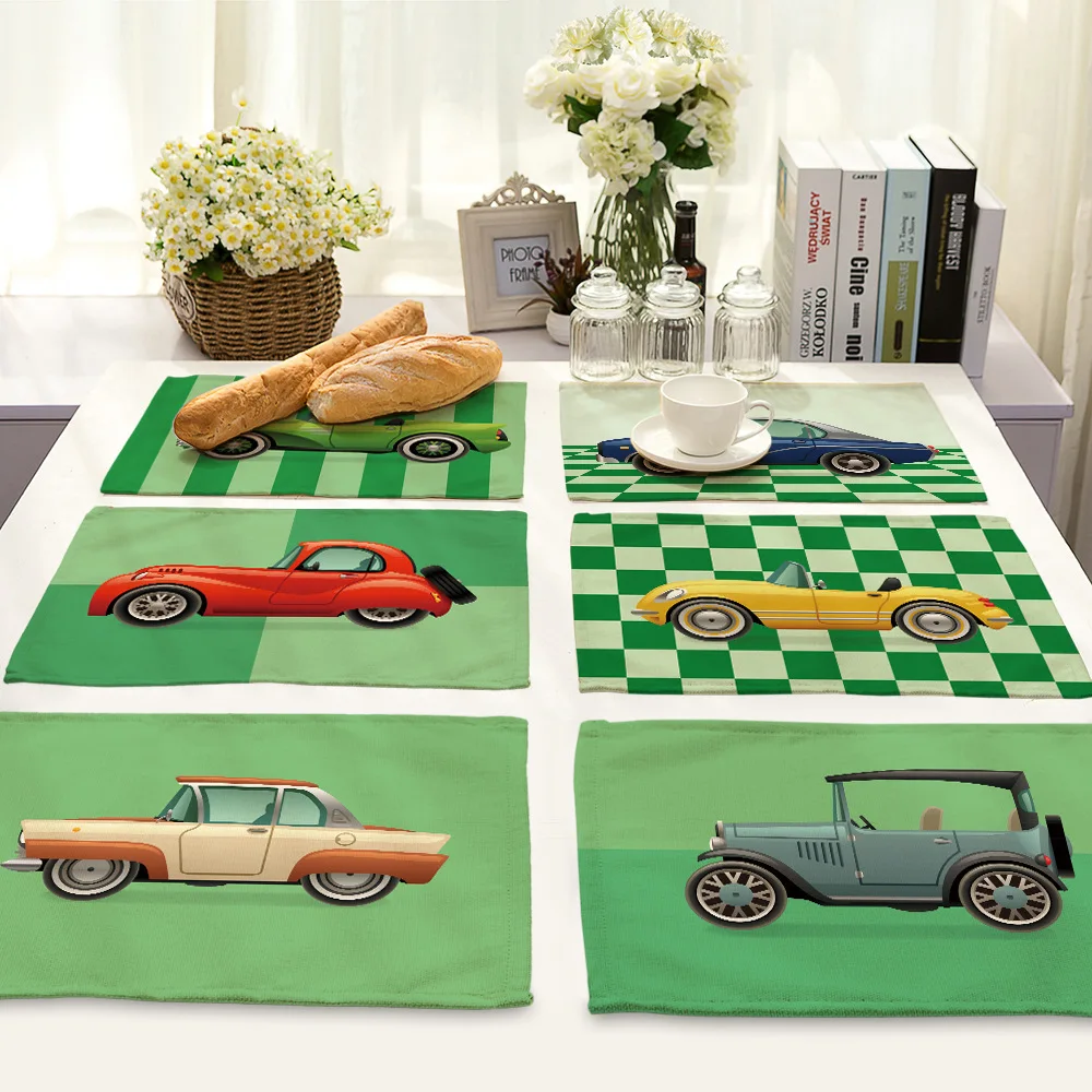 Retro Wedding Cartoon Car Pattern Cotton and Linen Placemat Green Base Fabric European and American Rectangular Table Mat
Retro Wedding Cartoon Car Pattern Cotton and Linen Placemat Green Base Fabric European and American Rectangular Table Mat