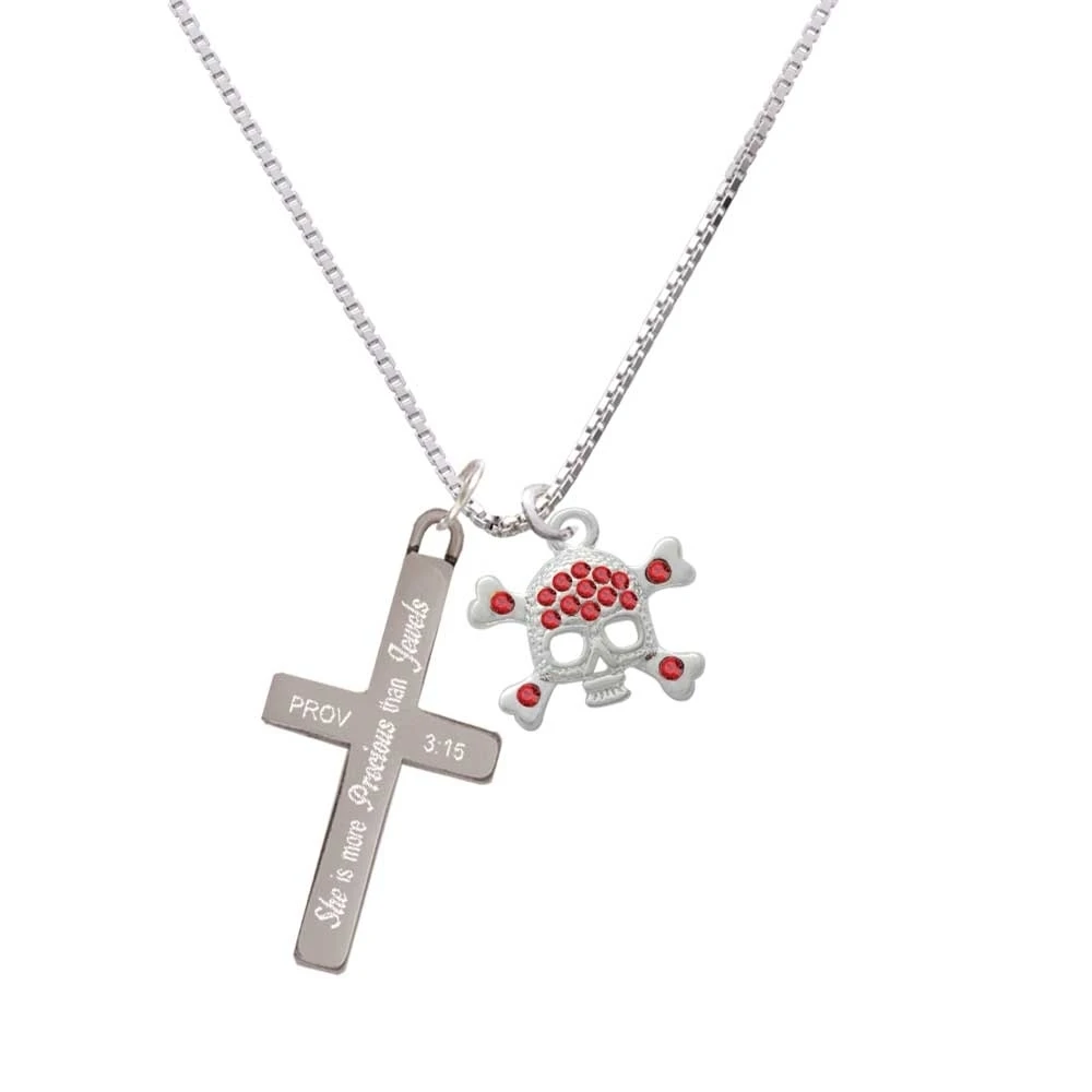 Skull and Crossbones with Red Crystals - She is More Precious - Cross Necklace