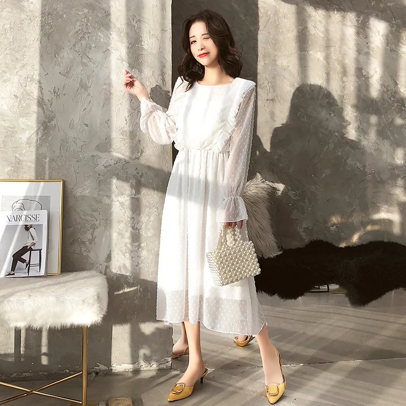 Ruffles Polka Dot Women Chiffon Dress Elastic Waist Flare Sleeve Female Long Vestidos Retro A-line Women Dress 2019
Ruffles Polka Dot Women Chiffon Dress Elastic Waist Flare Sleeve Female Long Vestidos Retro A-line Women Dress 2019