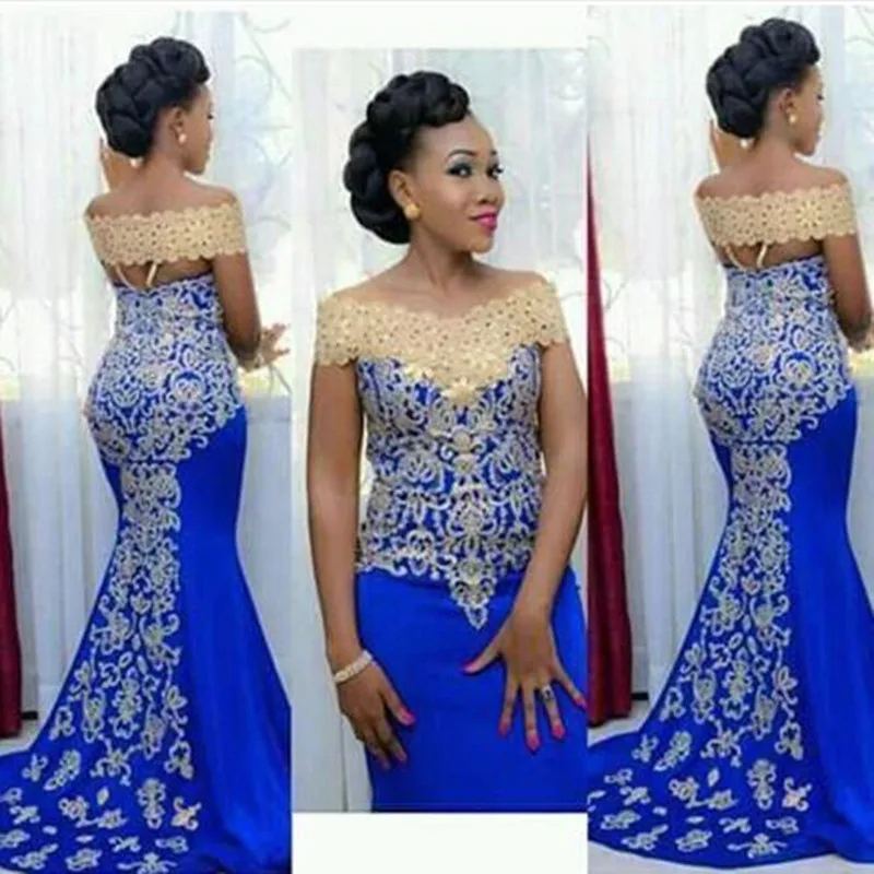 Fashion Evening Party Dresses Mermaid Off Shoulder with Gold Embroidery Long African Women Blue Prom Gown Custom Robe De Soiree
Fashion Evening Party Dresses Mermaid Off Shoulder with Gold Embroidery Long African Women Blue Prom Gown Custom Robe De Soiree