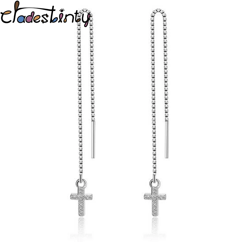 Chadestinty Silver Color CZ Zircon Crystal Cross Drop Earrings For Women Wedding Party Jewelry Long Chain Earings botique
Chadestinty Silver Color CZ Zircon Crystal Cross Drop Earrings For Women Wedding Party Jewelry Long Chain Earings botique