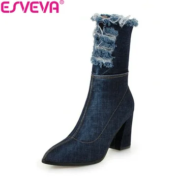 ESVEVA 2019 Women Boots Denim Square High Heels Stretch Fabric Mid-calf Boots Autumn Shoes Pointed Toe Zipper Woman Size 34-43
ESVEVA 2019 Women Boots Denim Square High Heels Stretch Fabric Mid-calf Boots Autumn Shoes Pointed Toe Zipper Woman Size 34-43