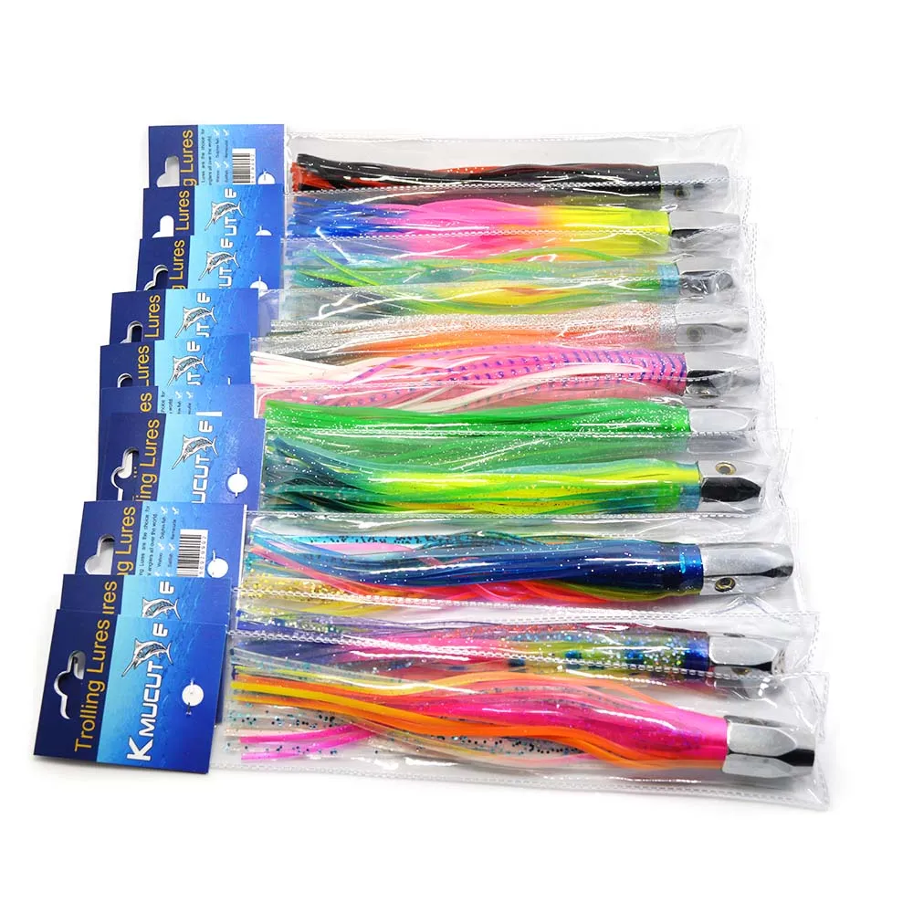 10 pcs Random mixed color Big Game Tournament 8 Inch 90g stainless steel Head and Skirt Trolling Marlin Lures free shipping