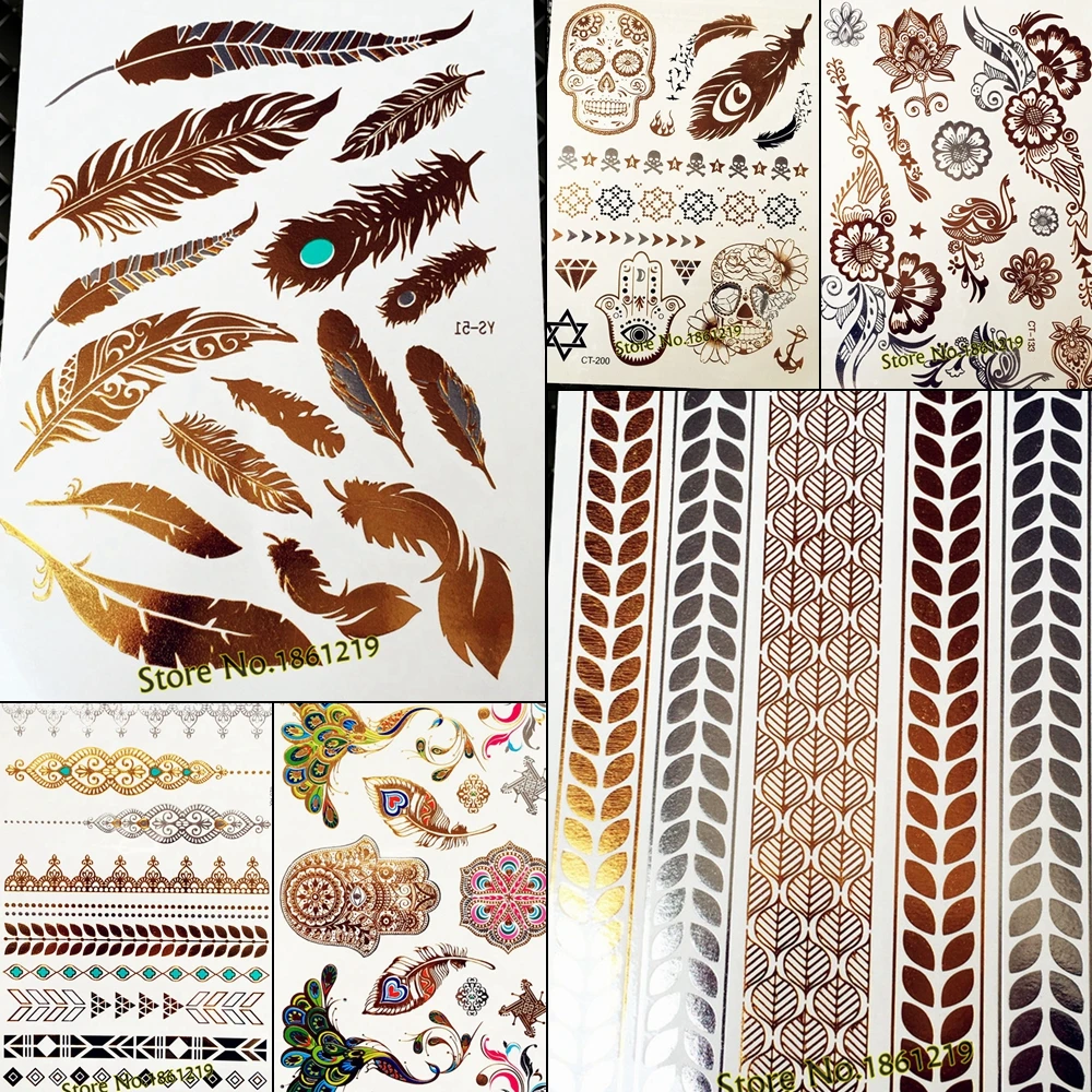 25 Design Gold Flash Metallic Temporary Tattoo Stickers Girl Peacock Feather Silver Leaf Bracelets Waterproof Fake Tattoo Women
25 Design Gold Flash Metallic Temporary Tattoo Stickers Girl Peacock Feather Silver Leaf Bracelets Waterproof Fake Tattoo Women