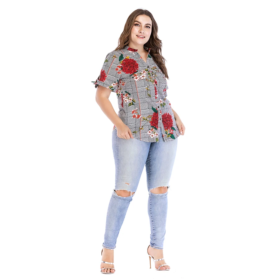 Женская клетчатая рубашка с пуговицами спереди и цветочным принтом Новое