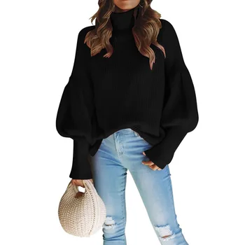 Women Pullover Top Long Lantern Sleeve Loose Turtleneck Knitted Sweater Jumper Pullover Top Blouse Solid Black for Autumn Winter
Women Pullover Top Long Lantern Sleeve Loose Turtleneck Knitted Sweater Jumper Pullover Top Blouse Solid Black for Autumn Winter