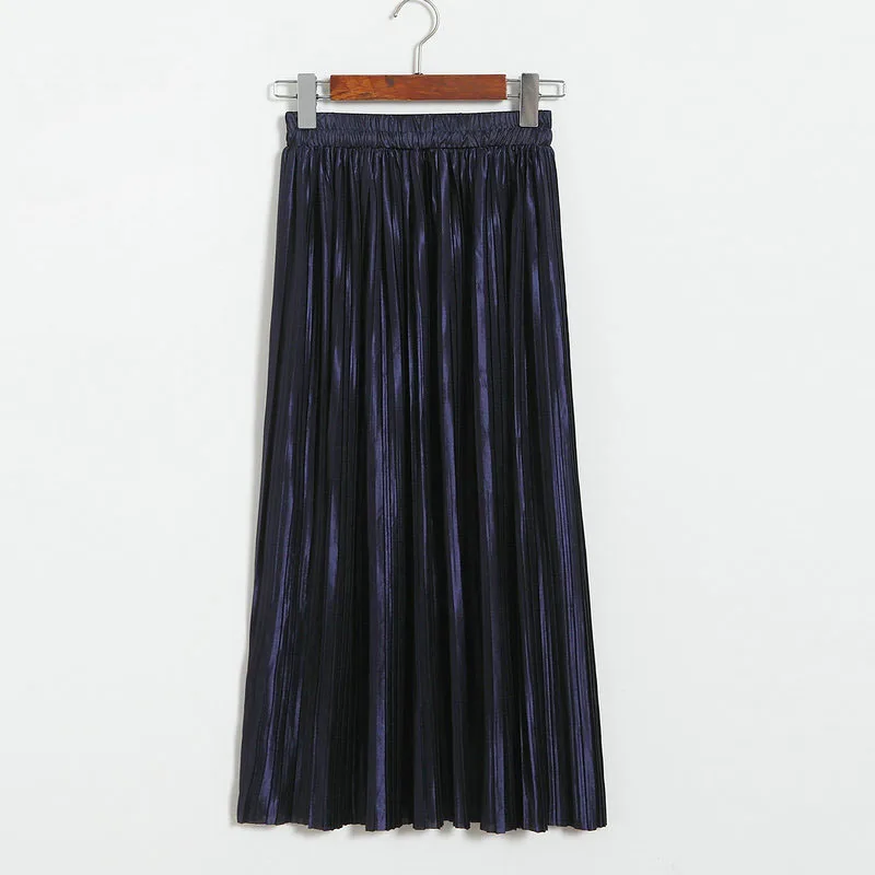 Lustrous pleated skirt metallic mid-length skirt for women of fall 2017 new Korean style joker long skirt (17)