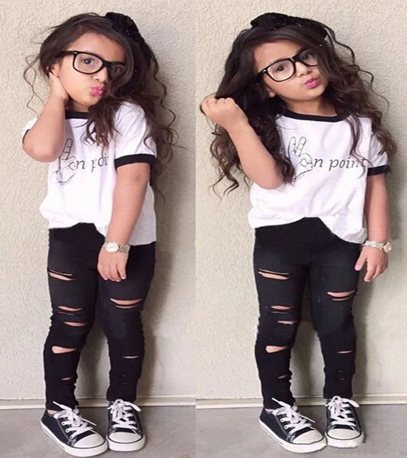 2017 Europe style kid girls clothes letter print whiteT-Shirt top tees+Hole Pants clothing set summer children clothing DY172