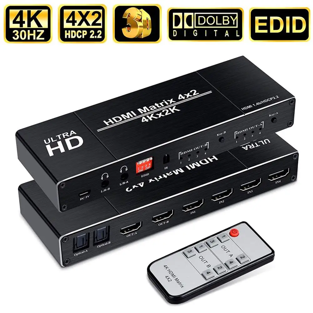 4K HDMI EDID Matrix 4 In 2 Out 4X2 Dual Audio Output Fiber HDMI Switch Distributor Switcher
4K HDMI EDID Matrix 4 In 2 Out 4X2 Dual Audio Output Fiber HDMI Switch Distributor Switcher