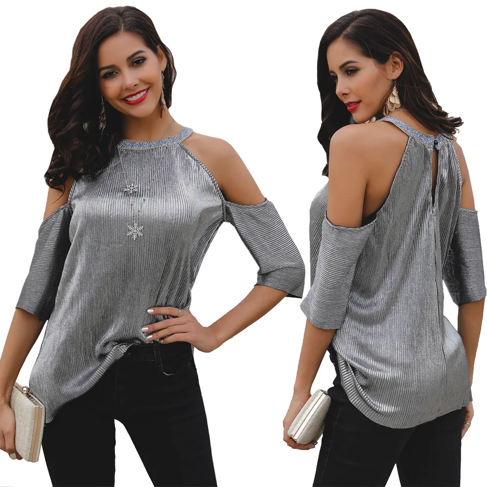 Women's sexy Blouses & Shirts round neck silver color shoulder off pleated shinning tops elegant fashion shirt for ladies
Women's sexy Blouses & Shirts round neck silver color shoulder off pleated shinning tops elegant fashion shirt for ladies