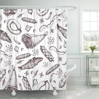 

Fabric Shower Curtain with Hooks Meat Product with Spices Food Ready Sausage Bacon Sliced Saveloy Spicy Pepperoni Smoked