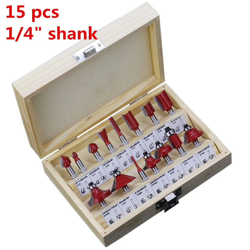 15pcs/set 1/4'' Shank Tungsten Carbide Woodworking Milling Cutters Wood Engraving Cutting Tools Router Bit Sets With Box 
15pcs/set 1/4'' Shank Tungsten Carbide Woodworking Milling Cutters Wood Engraving Cutting Tools Router Bit Sets With Box