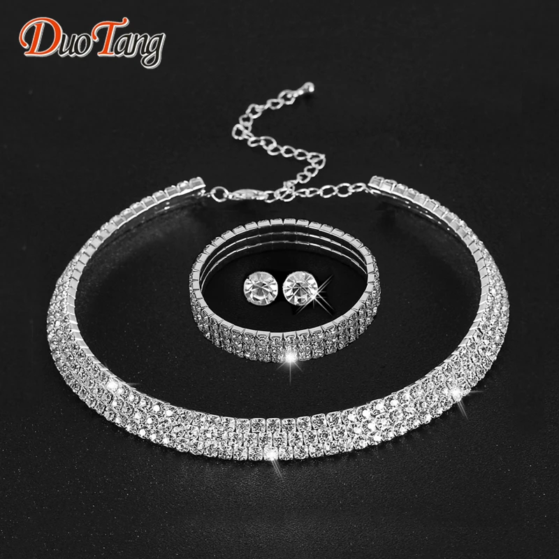Hot Selling Rhinestone Crystal Choker Necklace Earrings and Bracelet Wedding Jewelry Sets Wedding Accessories
Hot Selling Rhinestone Crystal Choker Necklace Earrings and Bracelet Wedding Jewelry Sets Wedding Accessories