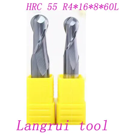 5PCS HRC 55 R4*16*8*60L tungsten carbide ball nose end mill HRC55 2 flutes CNC machine milling cutter
