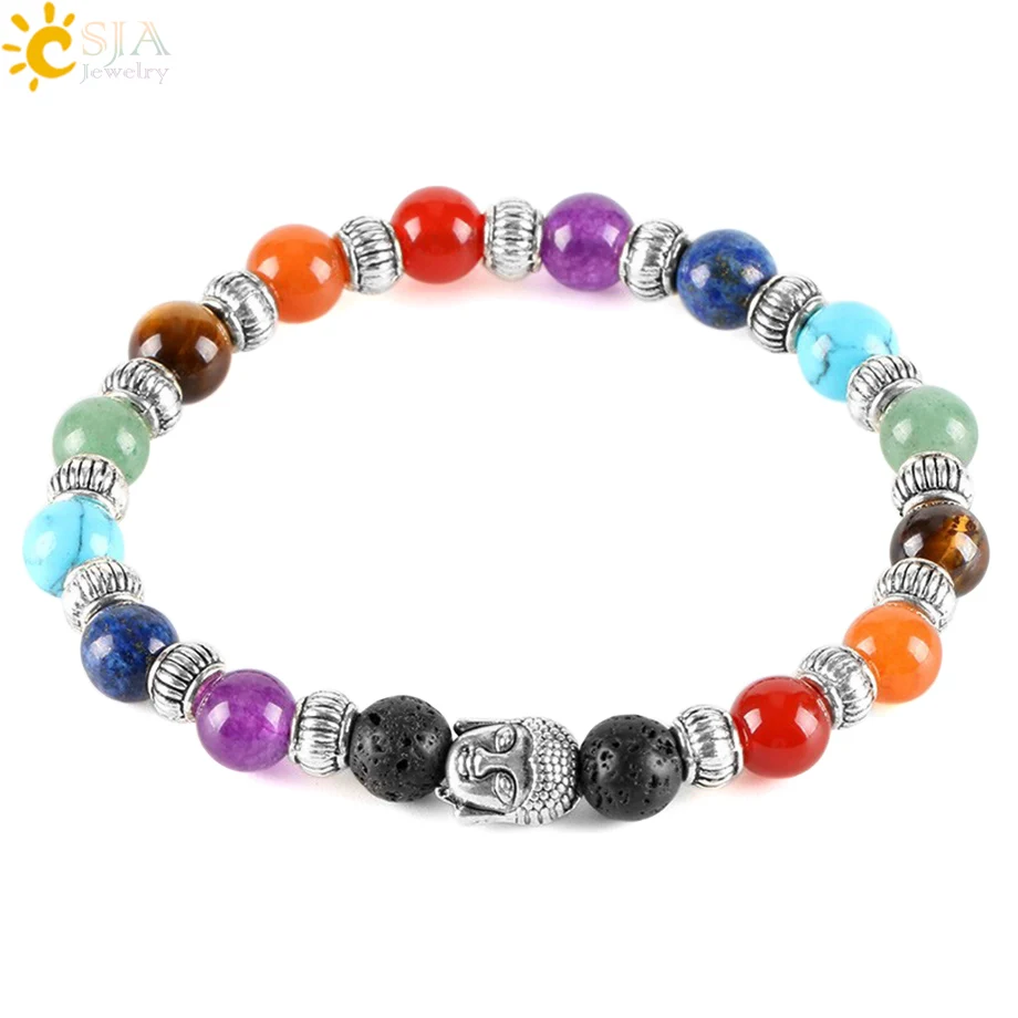 

CSJA 7 Chakra Tibetan Bracelet for Women Black Lava Gem Stone Beads Reiki Healing Buddha Prayer Natural Stone Yoga Jewelry E282