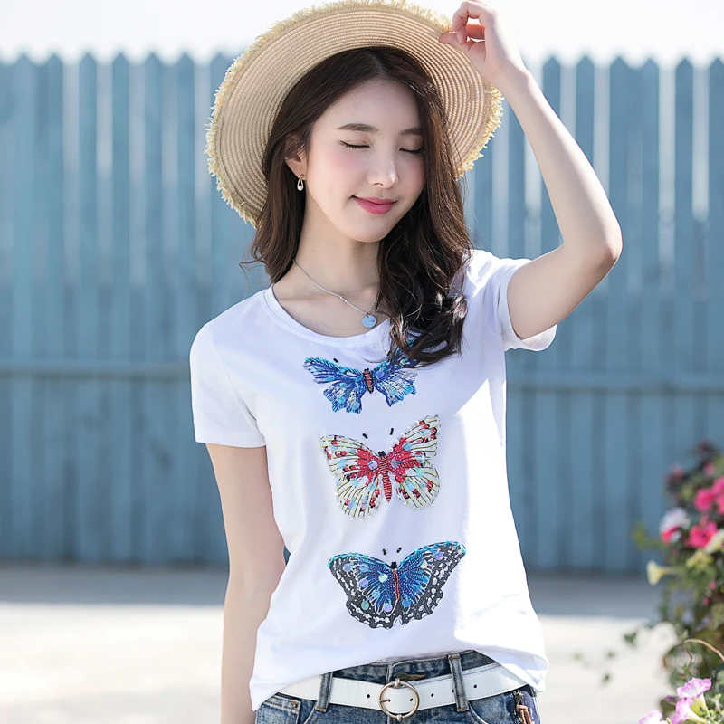 KEQI Women Brand Shirt Korean Slim Lady Butterflies Hand-Beaded T-Shirt O Neck Short Sleeve Cotton High Quality Plus Tee 1915
KEQI Women Brand Shirt Korean Slim Lady Butterflies Hand-Beaded T-Shirt O Neck Short Sleeve Cotton High Quality Plus Tee 1915